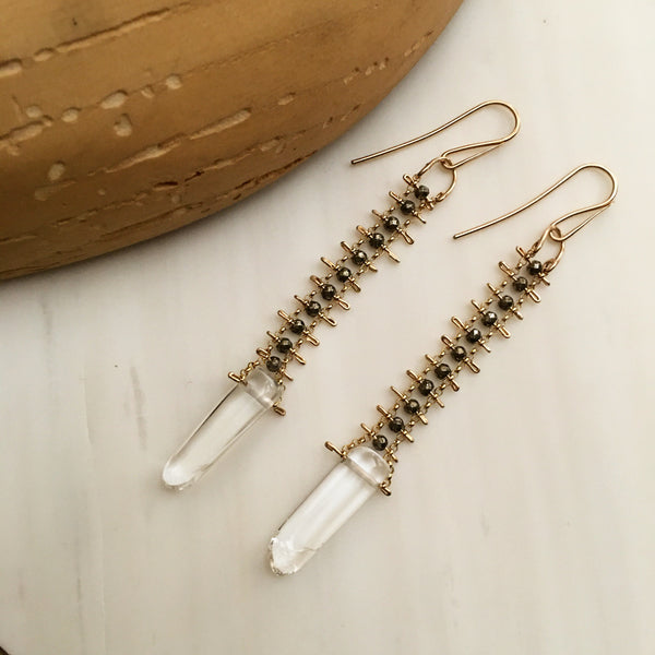 Pyrite and Crystal Earrings in Gold Fill