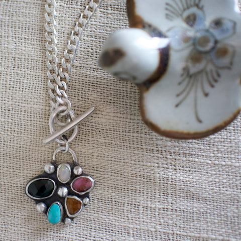 Mixed Stone Flower Necklace in Silver