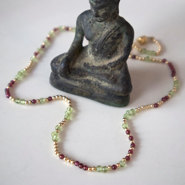 Peridot, Garnet, Gold Fill Bead Necklace