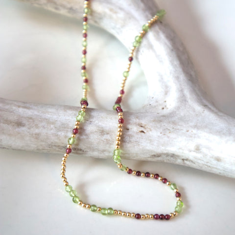 Peridot, Garnet, Gold Fill Bead Necklace