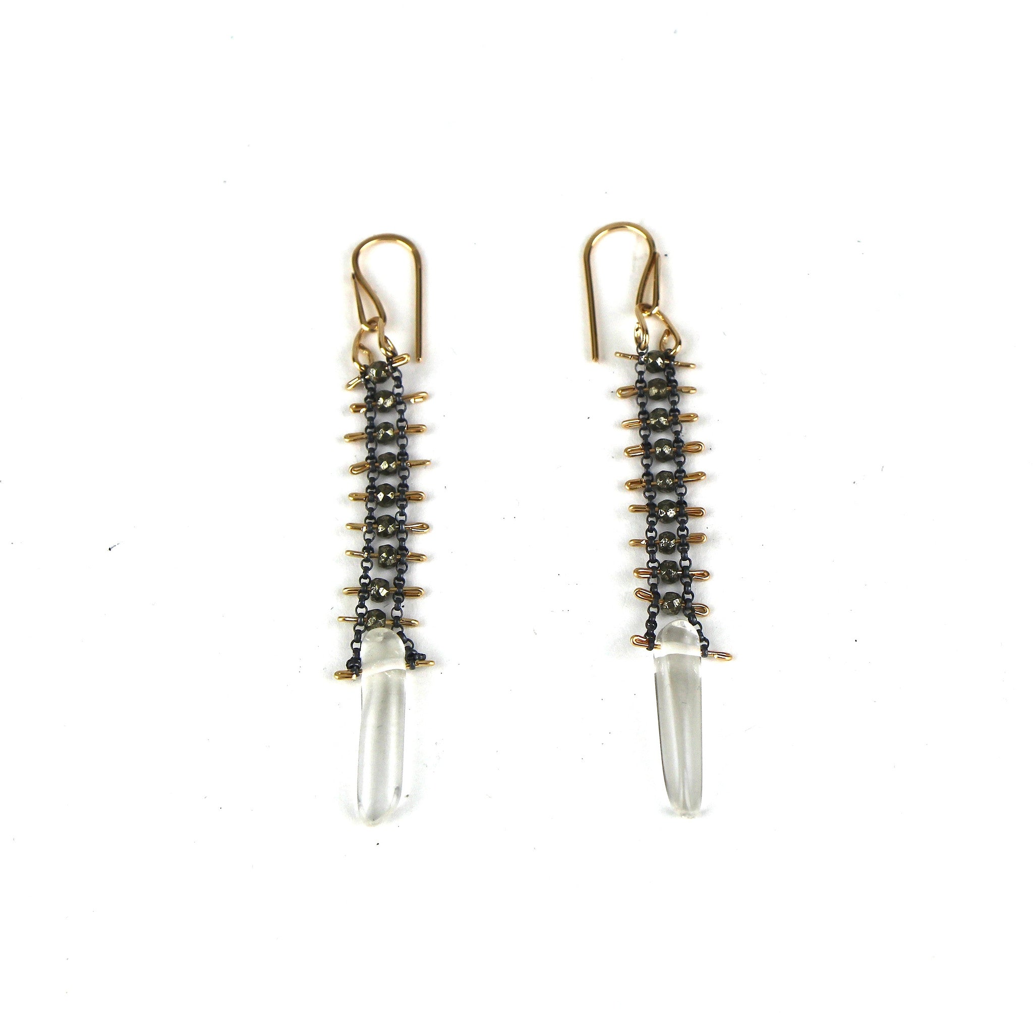 Pyrite and Crystal Earrings in Oxidized Silver