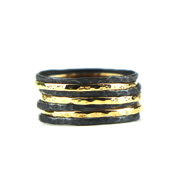Stacking Rings in Gold and Oxidized Silver